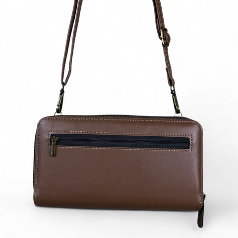 Cotton Road Wallet: Large BROWN PU Leather Cellphone Sling with LACE Print