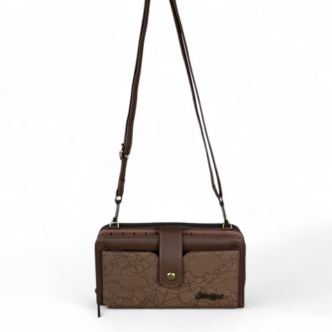 Cotton Road Wallet: Large BROWN PU Leather Cellphone Sling with LACE Print
