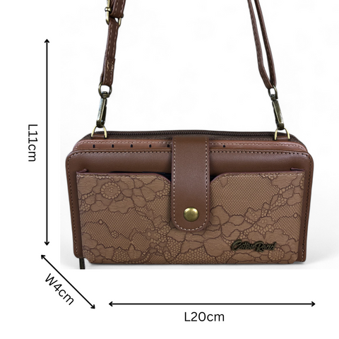 Cotton Road Wallet: Large BROWN PU Leather Cellphone Sling with LACE Print