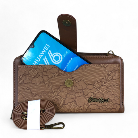 Cotton Road Wallet: Large BROWN PU Leather Cellphone Sling with LACE Print