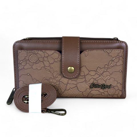 Cotton Road Wallet: Large BROWN PU Leather Cellphone Sling with LACE Print