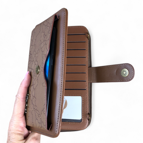 Cotton Road Wallet: Large BROWN PU Leather Cellphone Sling with LACE Print