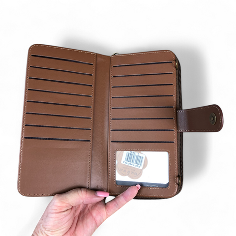 Cotton Road Wallet: Large BROWN PU Leather Cellphone Sling with LACE Print