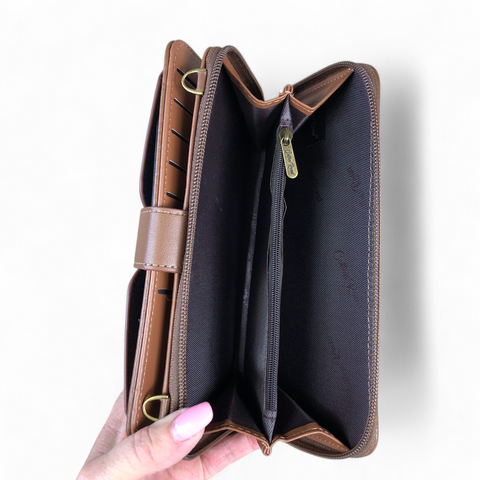 Cotton Road Wallet: Large BROWN PU Leather Cellphone Sling with LACE Print