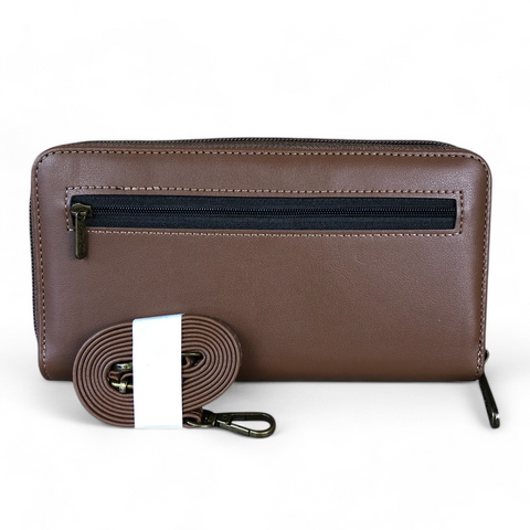 Cotton Road Wallet: Large BROWN PU Leather Cellphone Sling with LACE Print