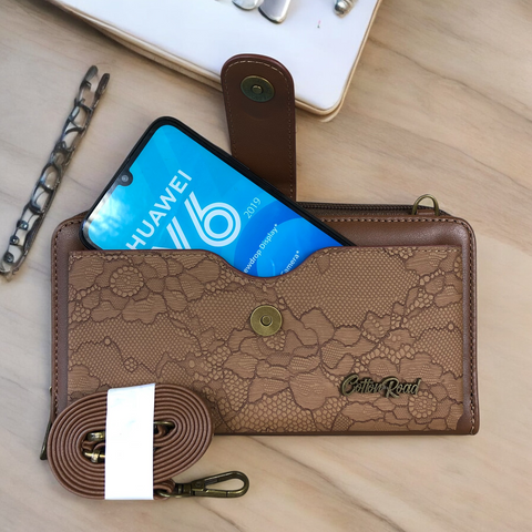 Cotton Road Wallet: Large BROWN PU Leather Cellphone Sling with LACE Print