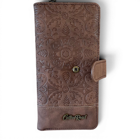 Cotton Road Wallet: Large BROWN PU Leather Wallet with EMBOSSED Print
