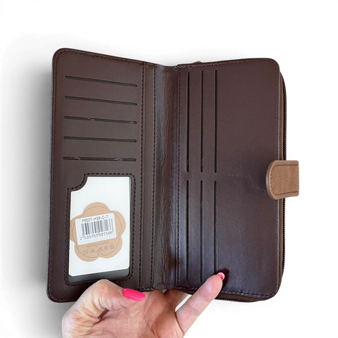 Cotton Road Wallet: Large BROWN PU Leather Wallet with EMBOSSED Print