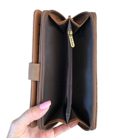Cotton Road Sling Bag in khaki embossed PU leather with brown trim and matching wallet set