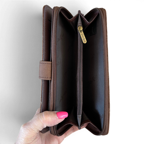 Cotton Road Wallet: Large BROWN PU Leather Wallet with EMBOSSED Print
