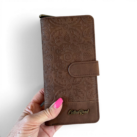 Cotton Road Wallet: Large BROWN PU Leather Wallet with EMBOSSED Print