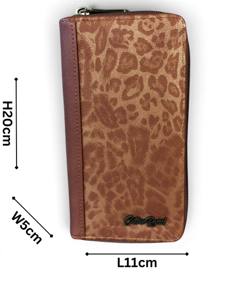 Cotton Road Wallet: Large BROWN PU Leather Wallet with LEOPARD Print