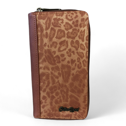 Cotton Road Wallet: Large BROWN PU Leather Wallet with LEOPARD Print