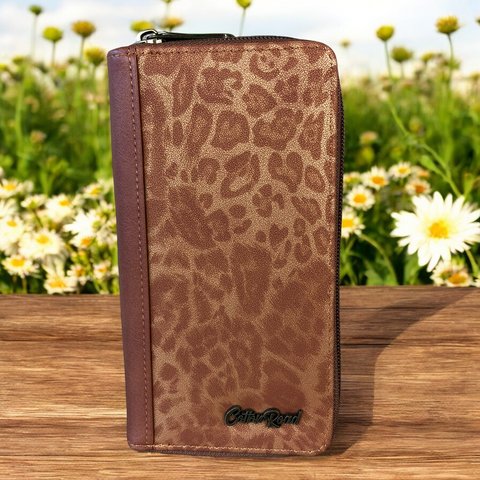 Cotton Road Wallet: Large BROWN PU Leather Wallet with LEOPARD Print
