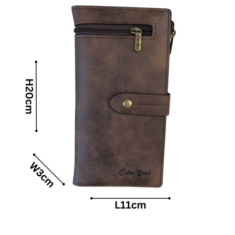 Cotton Road Wallet: Large BROWN PU Leather Wallet with OUTSIDE ZIP Pocket
