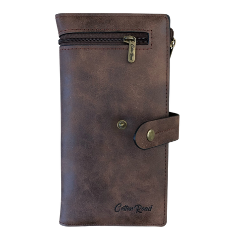 Cotton Road Wallet: Large BROWN PU Leather Wallet with OUTSIDE ZIP Pocket