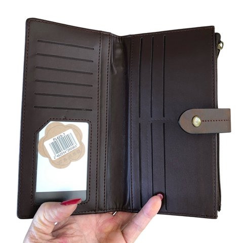 Cotton Road Wallet: Large BROWN PU Leather Wallet with OUTSIDE ZIP Pocket