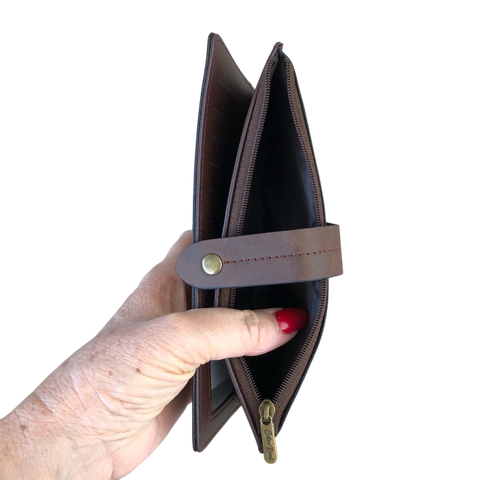 Cotton Road Wallet: Large BROWN PU Leather Wallet with OUTSIDE ZIP Pocket