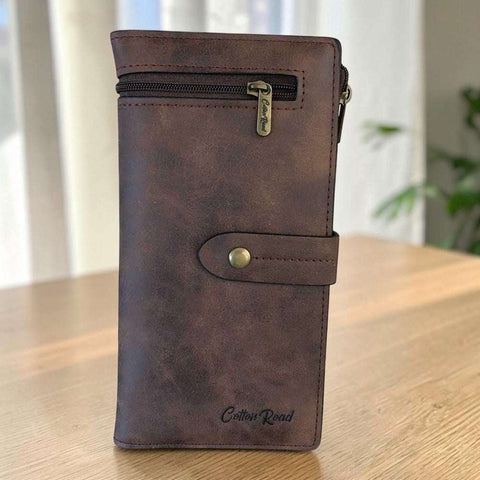Cotton Road Wallet: Large BROWN PU Leather Wallet with OUTSIDE ZIP Pocket