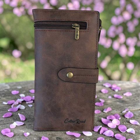 Cotton Road Wallet: Large BROWN PU Leather Wallet with OUTSIDE ZIP Pocket
