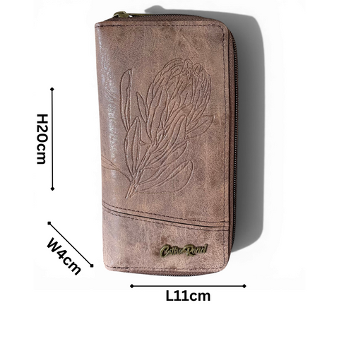 Cotton Road Wallet: Large BROWN PU Leather Wallet with PROTEA Design
