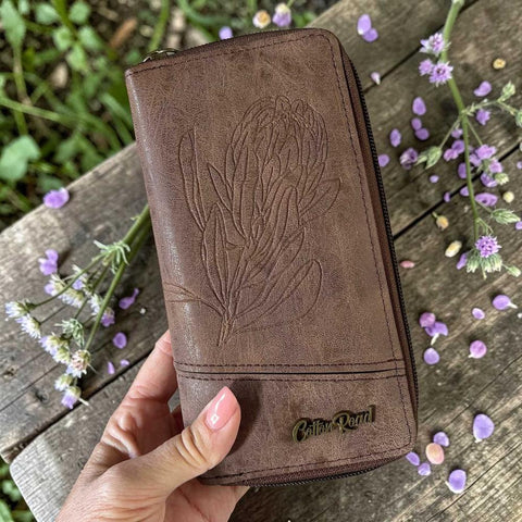 Cotton Road Wallet: Large BROWN PU Leather Wallet with PROTEA Design
