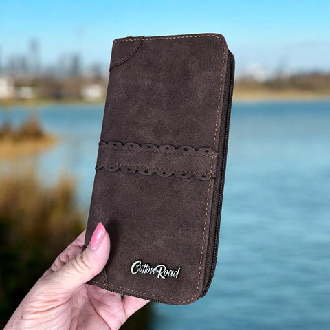 Cotton Road Wallet: Large BROWN PU Leather Wallet with TRIM