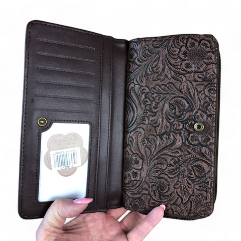 Cotton Road Wallet: Large BROWN PU Leather with EMBOSSED Pattern detailing