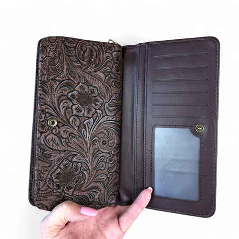 Cotton Road Wallet: Large BROWN PU Leather with EMBOSSED Pattern detailing