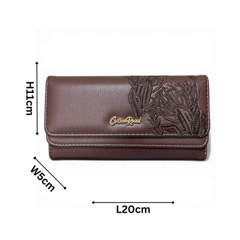 Cotton Road Wallet: Large BROWN PU Leather with EMBROIDERED PROTEAS