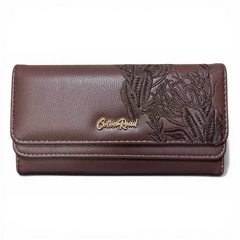 Cotton Road Wallet: Large BROWN PU Leather with EMBROIDERED PROTEAS