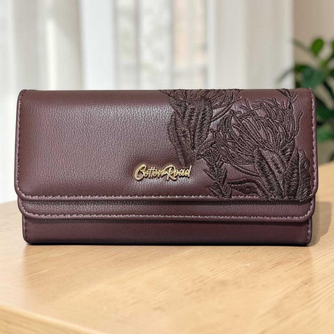 Cotton Road Wallet: Large BROWN PU Leather with EMBROIDERED PROTEAS