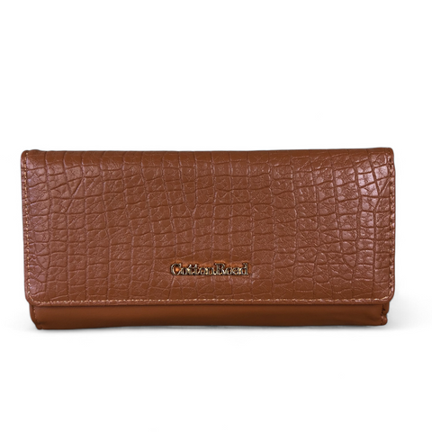 Cotton Road Wallet: Large BROWN Tri-fold PU Leather with PATTERNED Flap