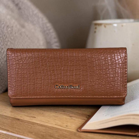 Cotton Road Wallet: Large BROWN Tri-fold PU Leather with PATTERNED Flap