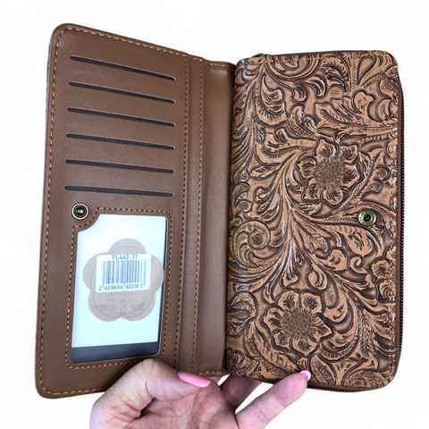 Cotton Road Wallet: Large CAMEL BROWN PU Leather Wallet with EMBOSSED Pattern detailing