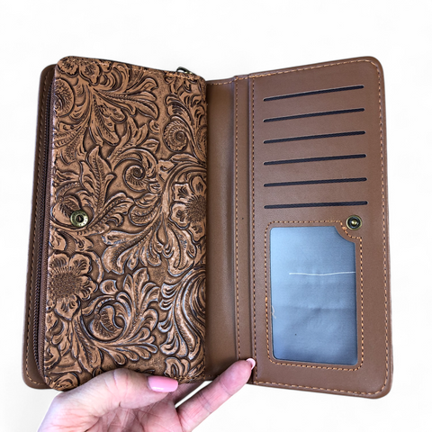 Cotton Road Wallet: Large CAMEL BROWN PU Leather Wallet with EMBOSSED Pattern detailing
