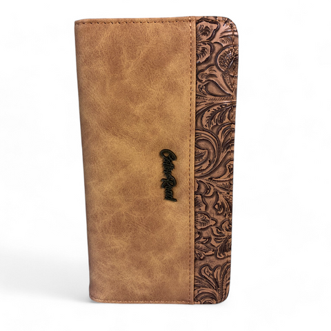 Cotton Road Wallet: Large CAMEL BROWN PU Leather Wallet with EMBOSSED Pattern detailing