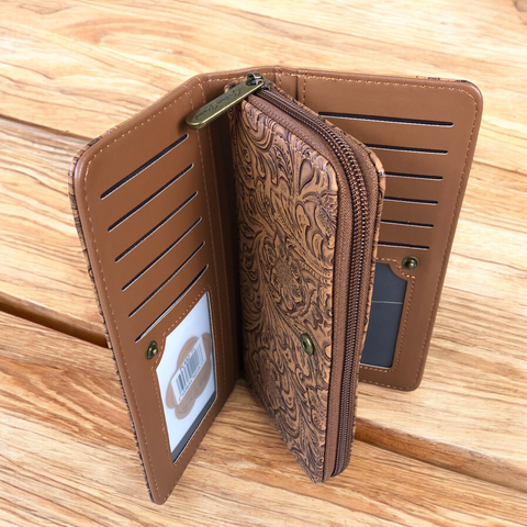 Cotton Road Wallet: Large CAMEL BROWN PU Leather Wallet with EMBOSSED Pattern detailing