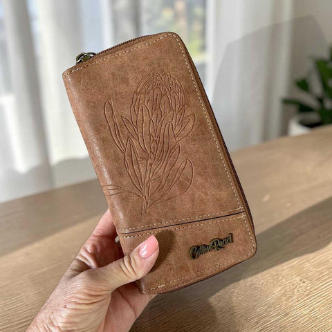 Cotton Road Wallet: Large CAMEL PU Leather Wallet with PROTEA Design