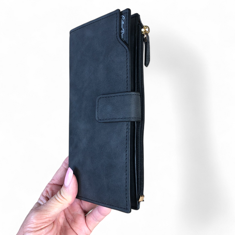 Cotton Road Wallet: Large CHARCOAL BLACK PU Leather Wallet with CLIP