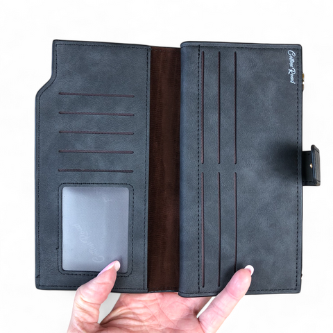 Cotton Road Wallet: Large CHARCOAL BLACK PU Leather Wallet with CLIP