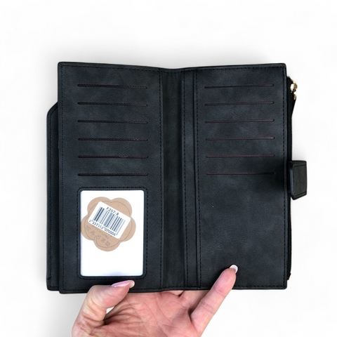 Cotton Road Wallet: Large CHARCOAL BLACK PU Leather Wallet with CLIP