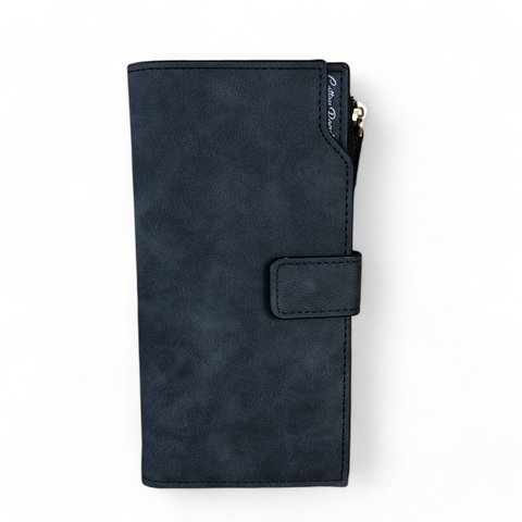 Cotton Road Wallet: Large CHARCOAL BLACK PU Leather Wallet with CLIP