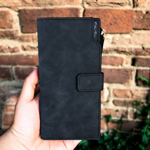 Cotton Road Wallet: Large CHARCOAL BLACK PU Leather Wallet with CLIP
