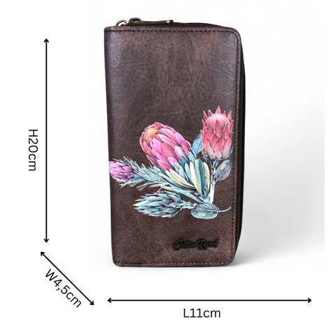 Cotton Road Wallet: Large COFFEE BROWN PU LEATHER Wallet with PROTEAS