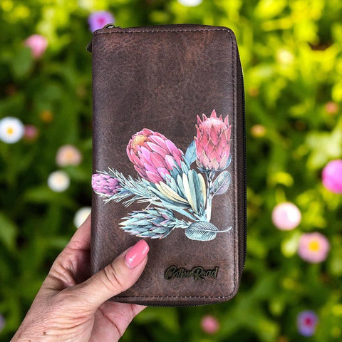 Cotton Road Wallet: Large COFFEE BROWN PU LEATHER Wallet with PROTEAS