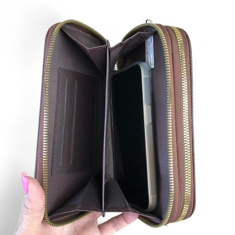 Cotton Road Wallet: Large COFFEE BROWN PU Leather Cellphone Sling Wallet