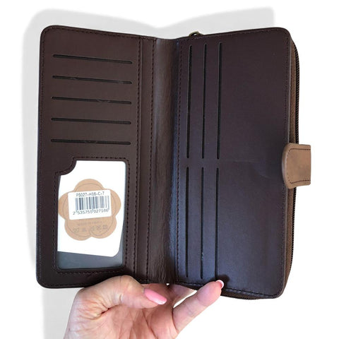 Cotton Road Wallet: Large COFFEE BROWN PU Leather Wallet with EMBOSSED Print