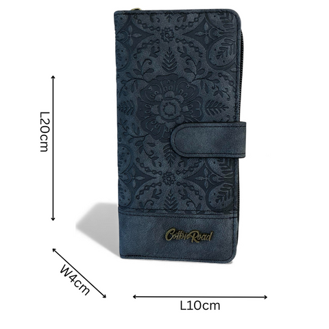 Cotton Road Wallet: Large Charcoal BLACK PU Leather with EMBOSSED Print