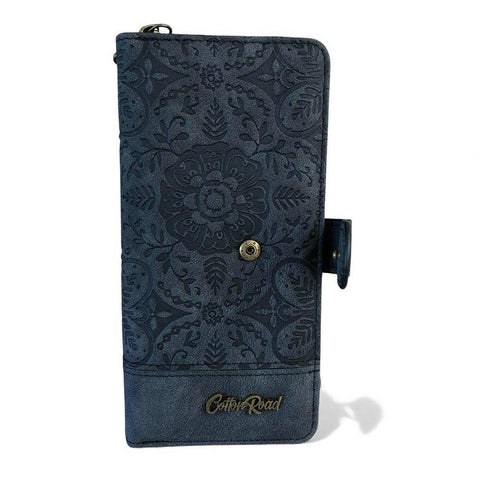 Cotton Road Wallet: Large Charcoal BLACK PU Leather with EMBOSSED Print